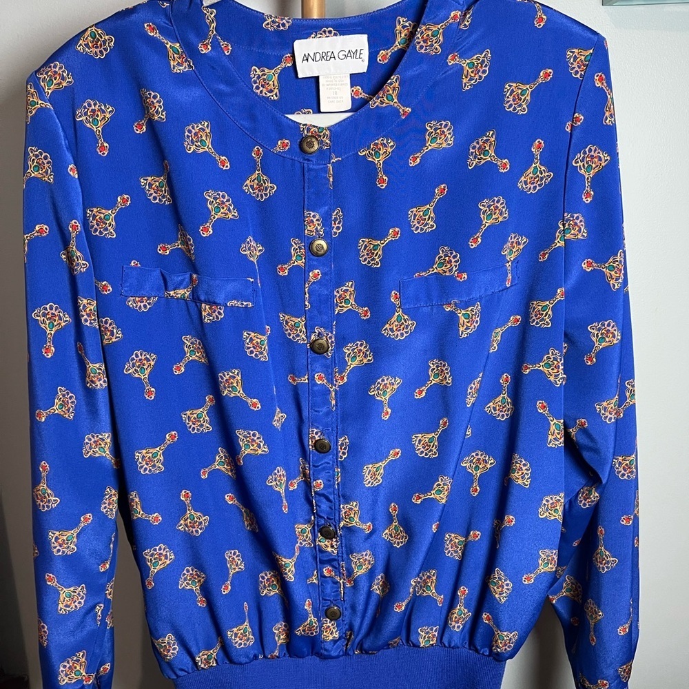 Andrea Gayle Blue Blouse with Colorful Design